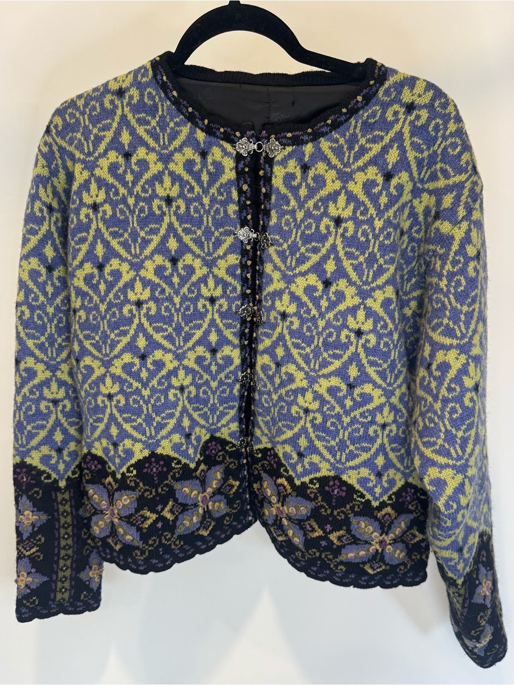 Icelandic Jacket, fun motif with sliver clasps
